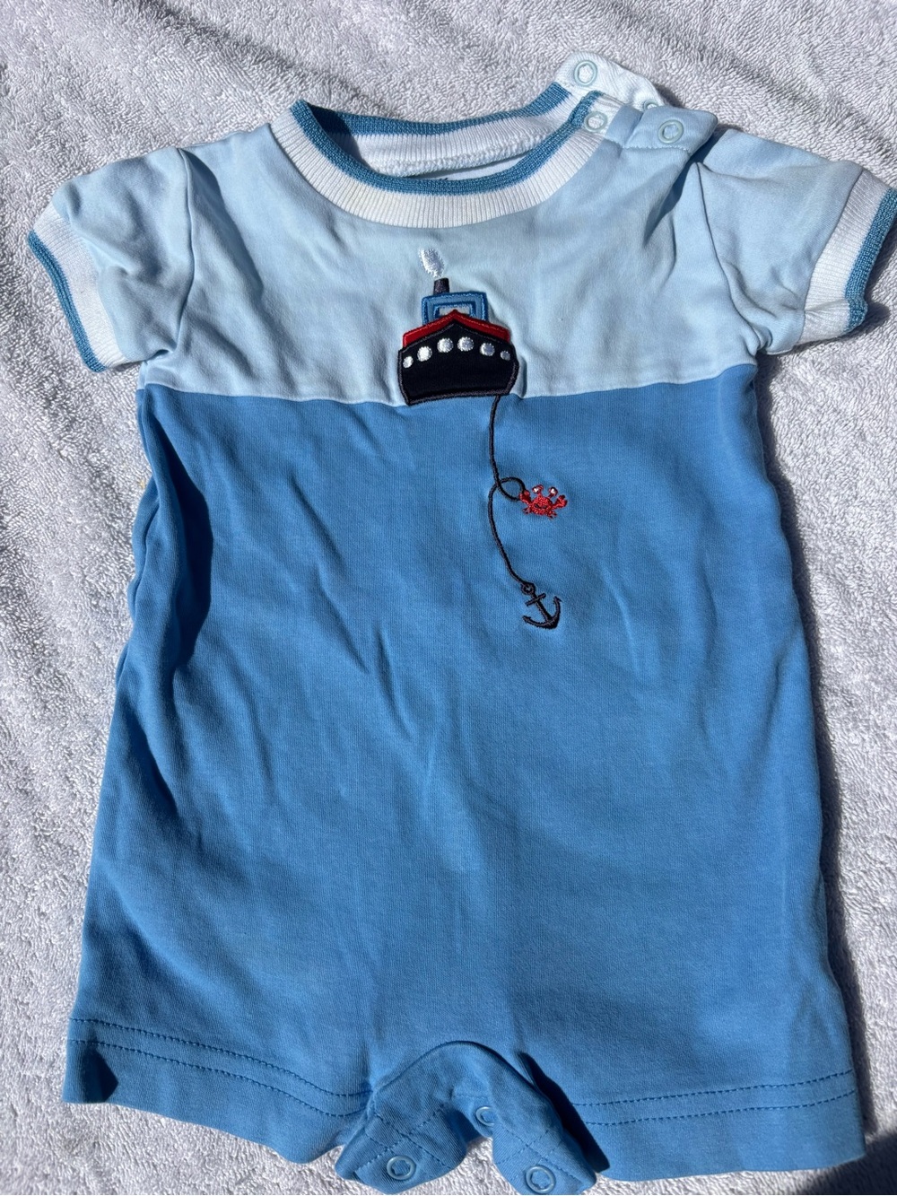 Florence Eiseman Light Blue and White Baby Romper with Sun Accent